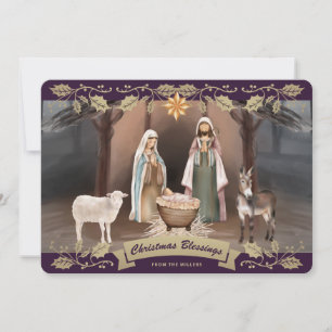 Elegant Purple Nativity Scene Christian Christmas Holiday Card