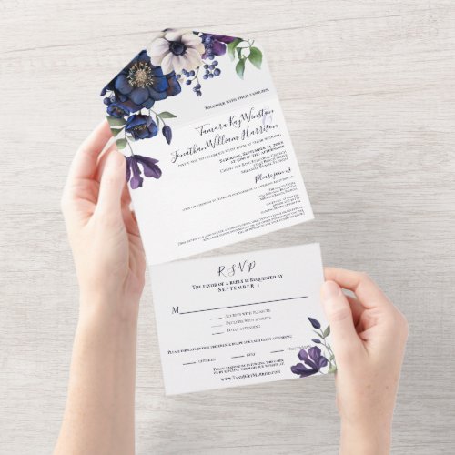 Elegant Purple Navy Blue Floral Wedding All In One All In One Invitation