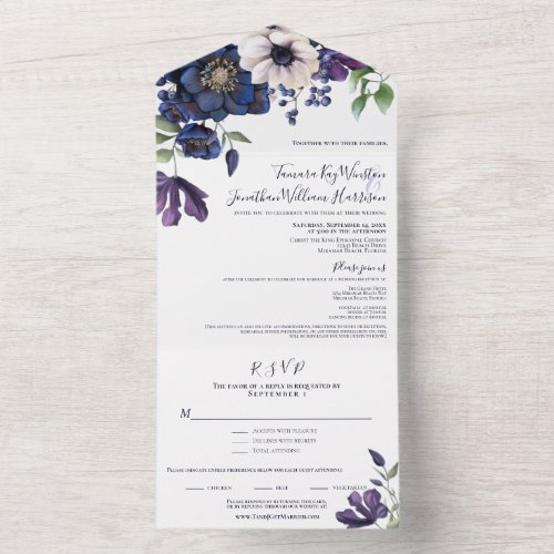 Elegant Purple Navy Blue Floral Wedding All In One Invitation