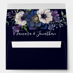 Elegant Purple Navy Blue Floral Wedding Envelope