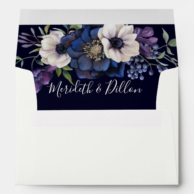 Elegant Purple Navy Blue Floral Wedding Envelope (Back (Bottom))