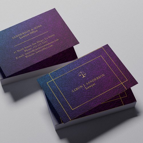 Elegant purple navy faux lather gold script lawyer business card