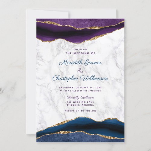 Elegant Purple Navy Gold Agate Marble Wedding Invitation