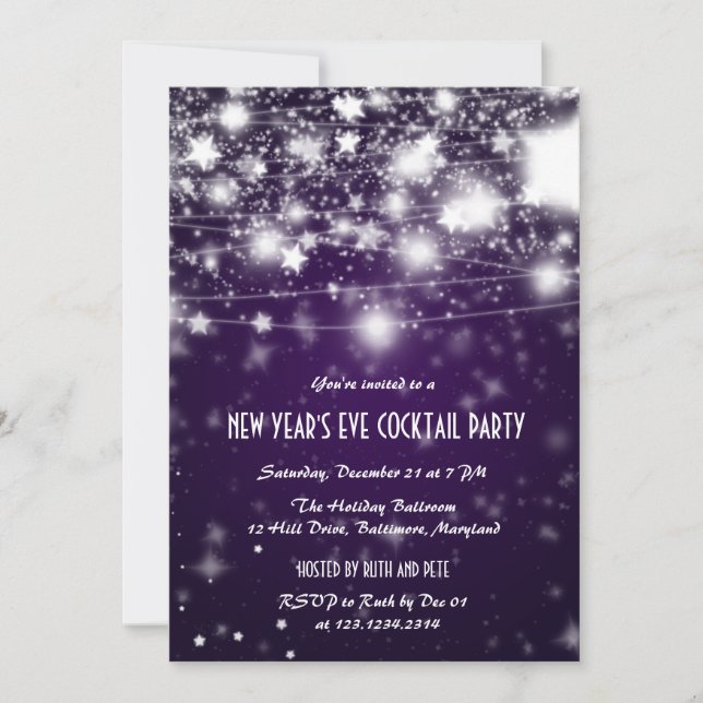 Elegant Purple New Year's Eve Party Shining Stars Invitation (Front)