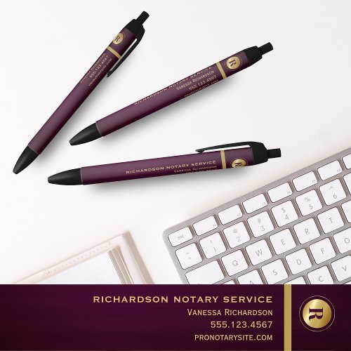 Elegant Purple Notary Gold Monogram Promotional  Black Ink Pen