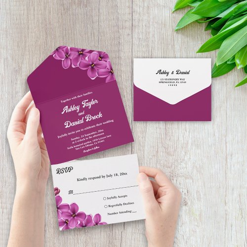 Elegant Purple Orchid Flower Boho Floral Wedding All In One Invitation