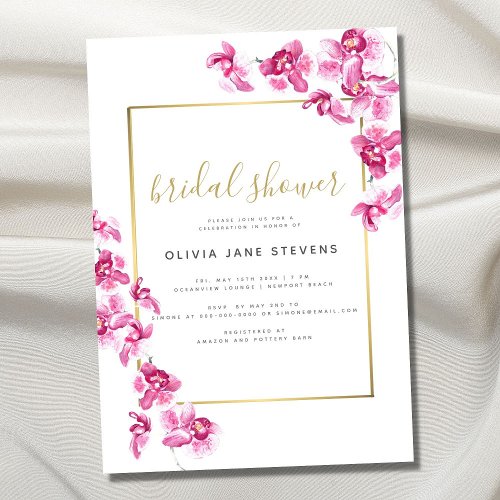 Elegant Purple Orchids Gold Frame Bridal Shower Invitation