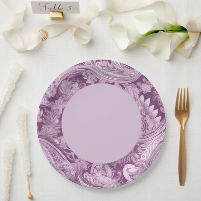 Elegant Purple Paisley Border Paper Plates (Wedding)