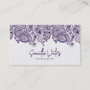 Elegant purple paisley on white wedding planner business card