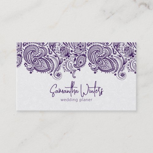 Elegant purple paisley on white wedding planner business card