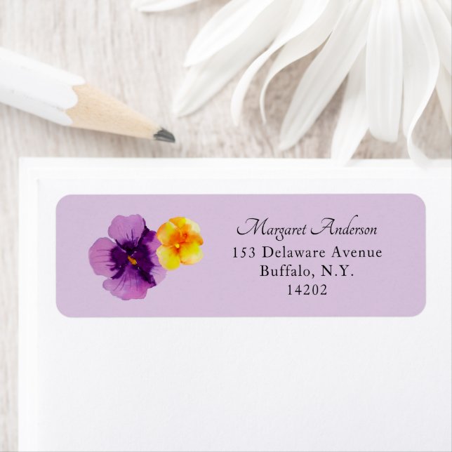 Elegant Purple Pansy Floral Return Address         Label (Insitu)