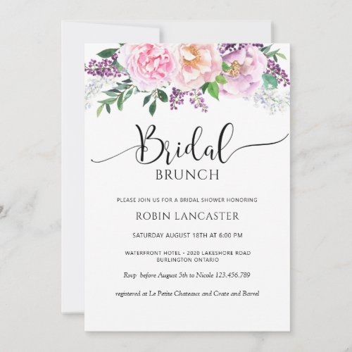 Elegant Purple Pastel Floral Bridal Shower Brunch Invitation