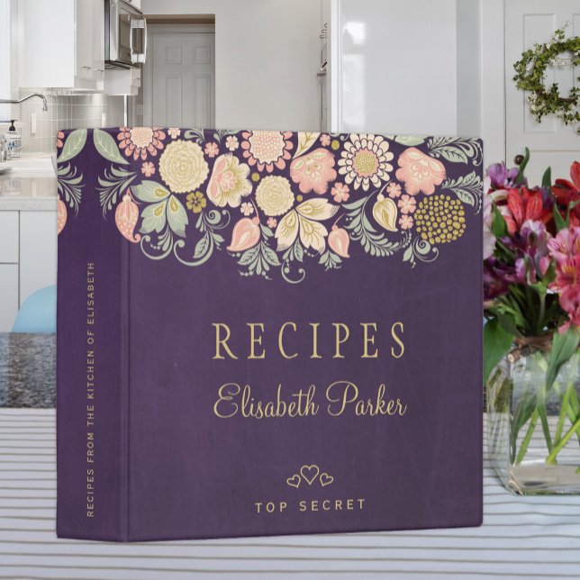 Elegant purple peach floral cookbook recipes 3 ring binder (Creator Uploaded)