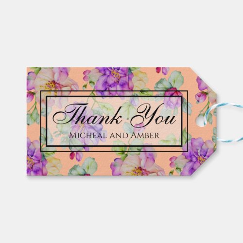 Elegant purple peach fuzz orange watercolor floral gift tags