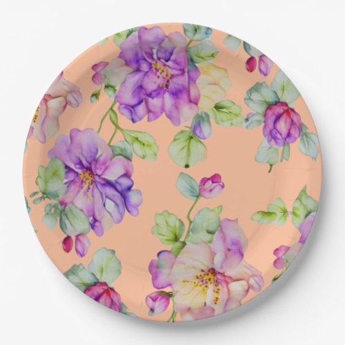 Elegant purple peach fuzz orange watercolor floral paper plates
