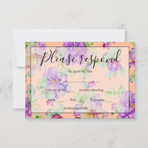 Elegant purple peach fuzz orange watercolor floral RSVP card