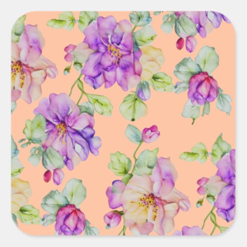 Elegant purple peach fuzz orange watercolor floral square sticker
