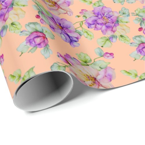Elegant purple peach fuzz orange watercolor floral wrapping paper