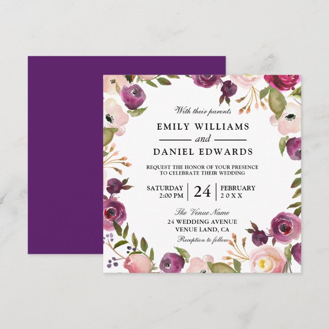 Elegant Purple Peach Pink Floral Wedding Invite (Front/Back)