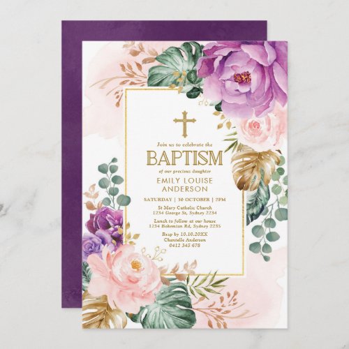 Elegant Purple Peach Tropical Greenery Baptism Invitation