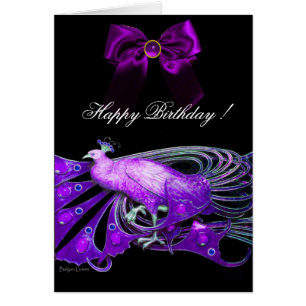 ELEGANT PURPLE PEACOCK,GEM STONE AND BOW BIRTHDAY CARDS