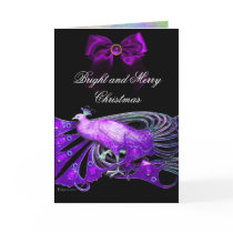 ELEGANT PURPLE PEACOCK,GEM STONE AND CHRISTMAS BOW HOLIDAY CARD