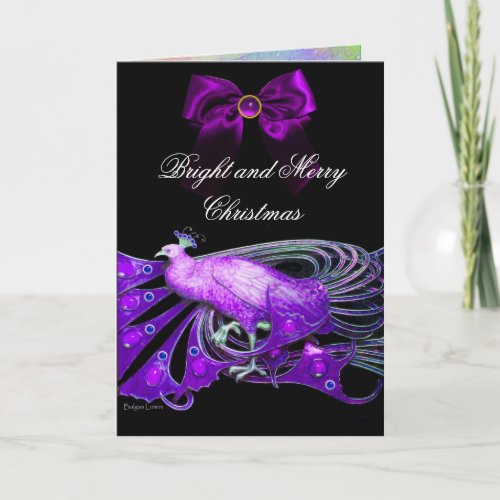 ELEGANT PURPLE PEACOCKGEM STONE AND CHRISTMAS BOW HOLIDAY CARD