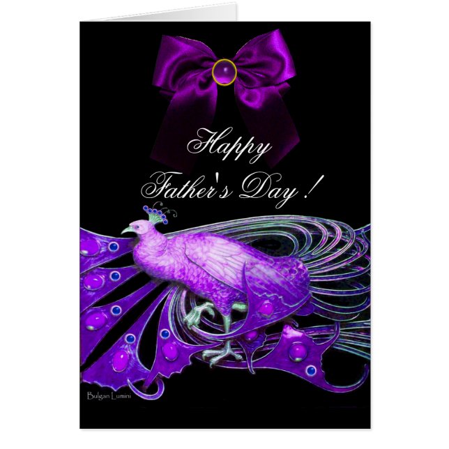 ELEGANT PURPLE PEACOCK,GEM STONE,BOW Father's Day Cards (Front)