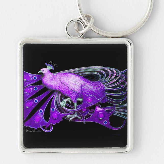 ELEGANT PURPLE PEACOCK IN BLACK KEYCHAIN (Front)