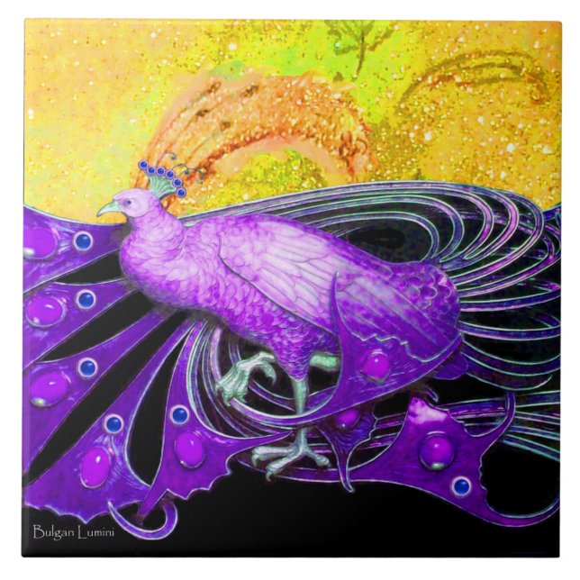 ELEGANT PURPLE PEACOCK IN GOLD YELLOW BLACK CERAMIC TILE (Front)