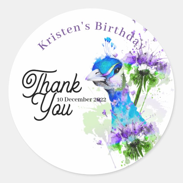 Elegant Purple Peacock Thank You Round Sticker (Front)