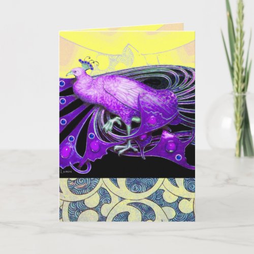 ELEGANT PURPLE PEACOCK WITH GEOMETRIC SWIRLS HOLIDAY CARD