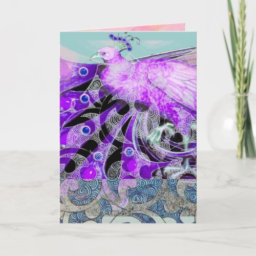 ELEGANT PURPLE PEACOCK WITH GEOMETRIC SWIRLS HOLIDAY CARD