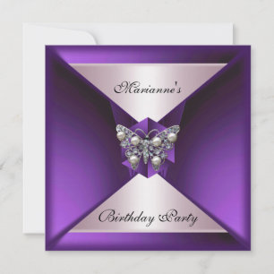 Elegant Purple Pearl Jewel Birthday Silver & White Invitation