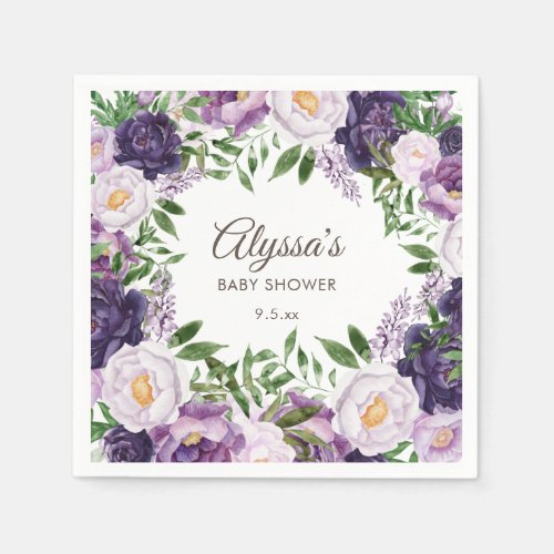 Elegant Purple Peonies Floral Girl Baby Shower  Napkins