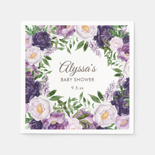 Elegant Purple Peonies Floral Girl Baby Shower  Napkins (Front)
