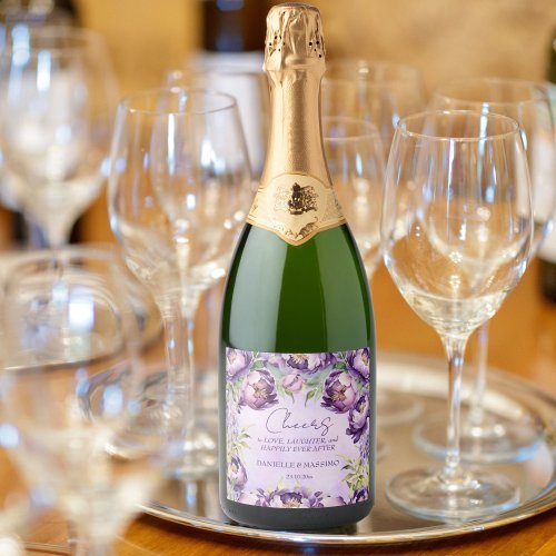 Elegant purple peonies lilac wisteria wedding sparkling wine label