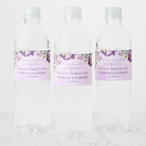Elegant purple peonies lilac wisteria wedding water bottle label