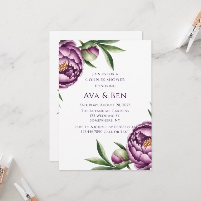 Elegant Purple Peony Floral Couples Shower Invitation (Front/Back In Situ)