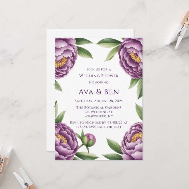Elegant Purple Peony Floral Wedding Shower Invitation (Front/Back In Situ)