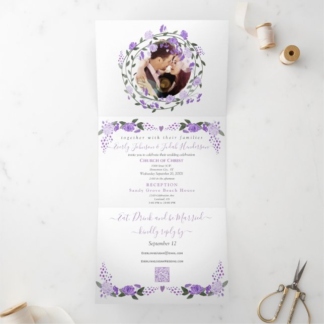 Elegant Purple Peony Floral Wedding  Tri-Fold Invi Invitation (Inside)