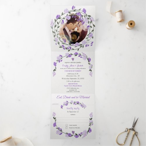 Elegant Purple Peony Floral Wedding Tri_Fold Invitation