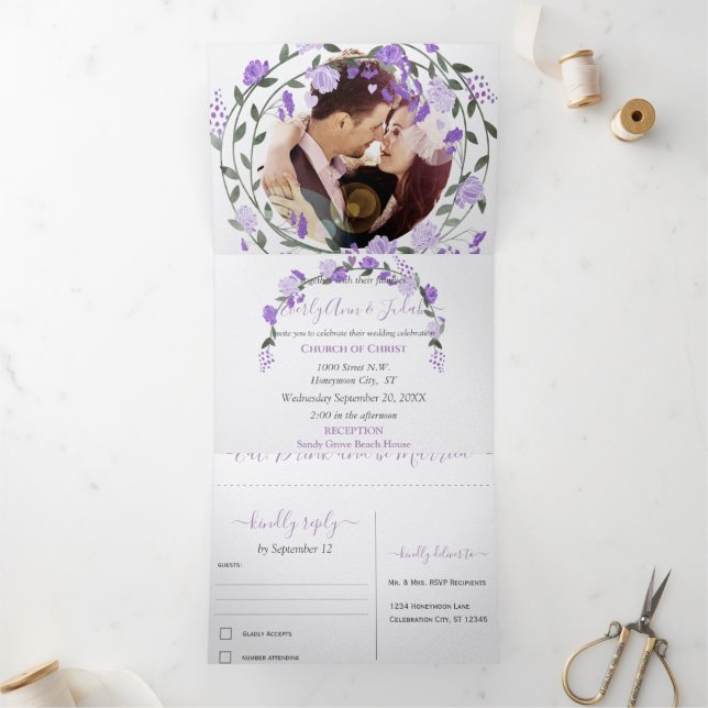 Elegant Purple Peony Floral Wedding  Tri-Fold  Invitation (Inside)