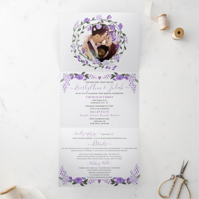 Elegant Purple Peony Floral Wedding Tri-Fold Photo Invitation (Inside)