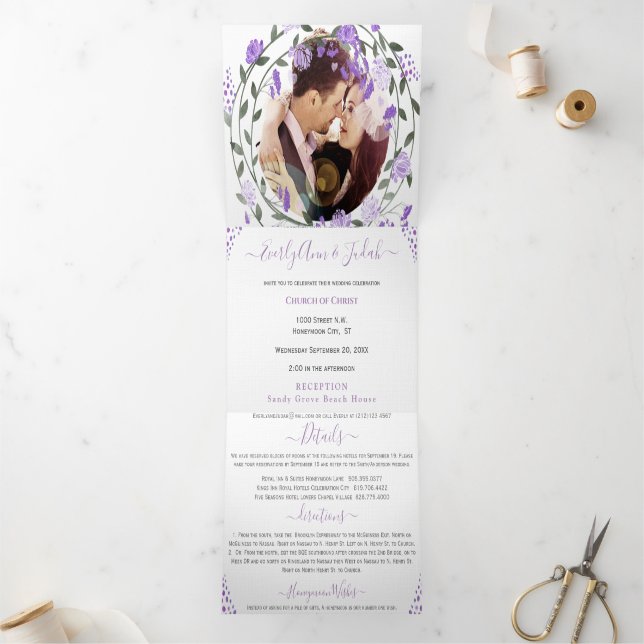Elegant Purple Peony Floral Wedding Tri-Fold Photo Invitation (Inside)