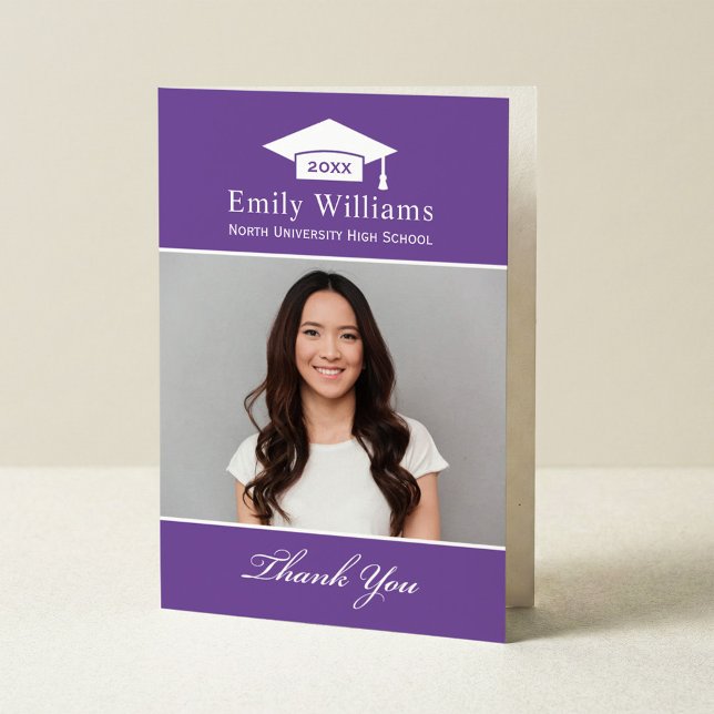 Elegant Purple Personalized Graduation Photo Thank You Card (Creator Uploaded)