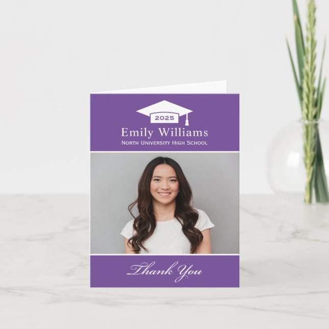 Elegant Purple Personalized Graduation Photo Thank You Card (Front)