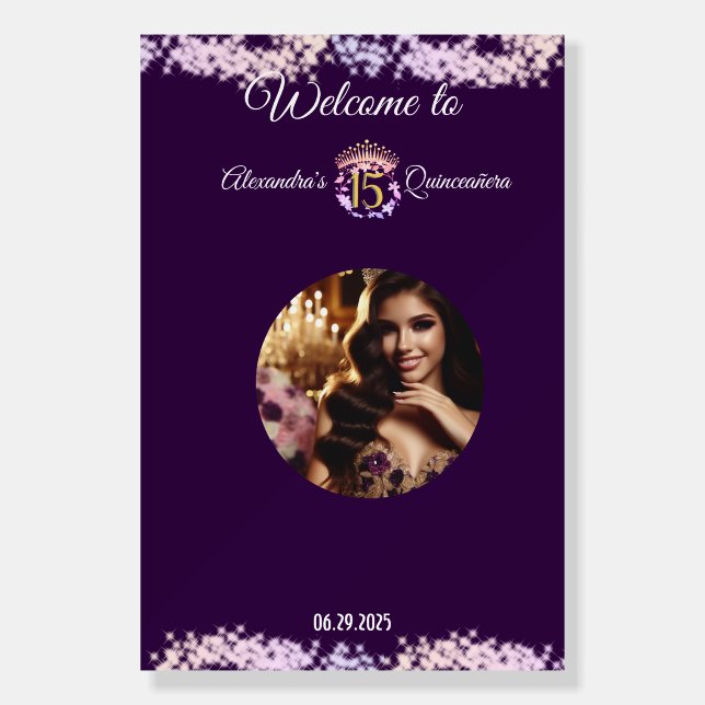 Elegant Purple Photo Boho Quinceañera Guest Foam Board (Front)