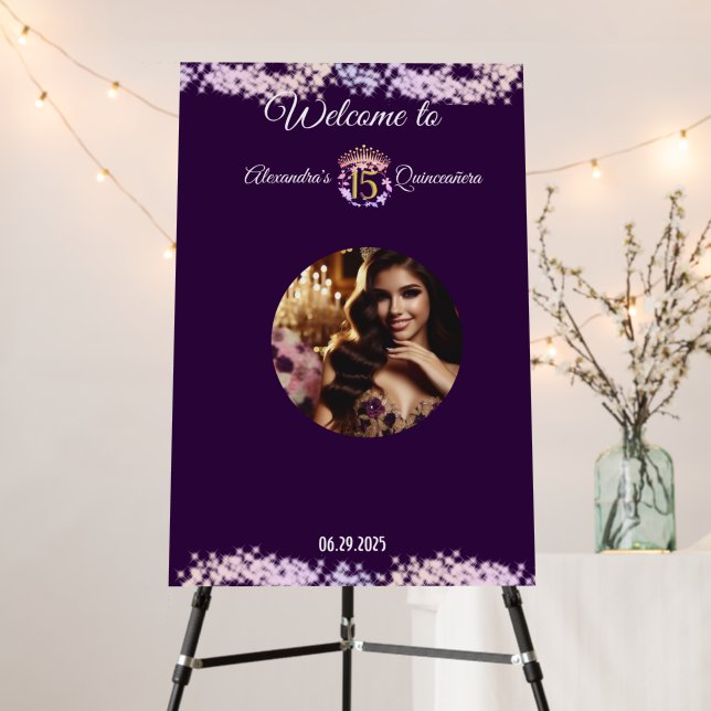 Elegant Purple Photo Boho Quinceañera Guest Foam Board (In Situ (Stand))