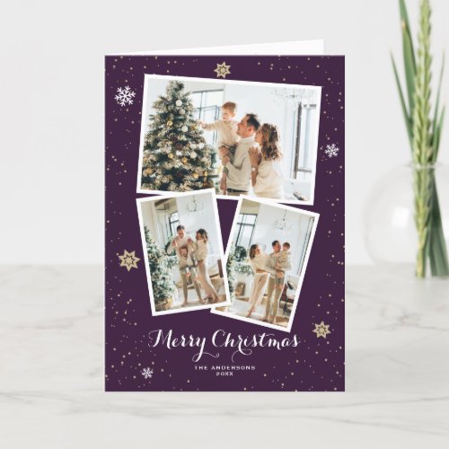 Elegant Purple Photo Collage Merry Christmas Card